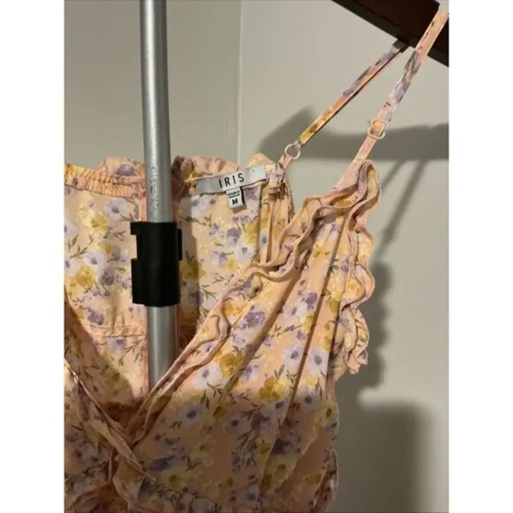 Iris Ruffled Spaghetti Adjustable Straps Light‎ Orange Floral Sz M